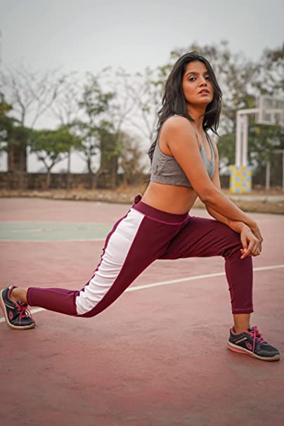 Kaash Active Breathable Sports Leggings | Mid Rise | streachable | Ankle Length | Maroon with White Strip | KL-04