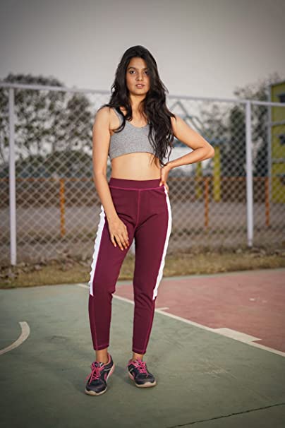 Kaash Active Breathable Sports Leggings | Mid Rise | streachable | Ankle Length | Maroon with White Strip | KL-04
