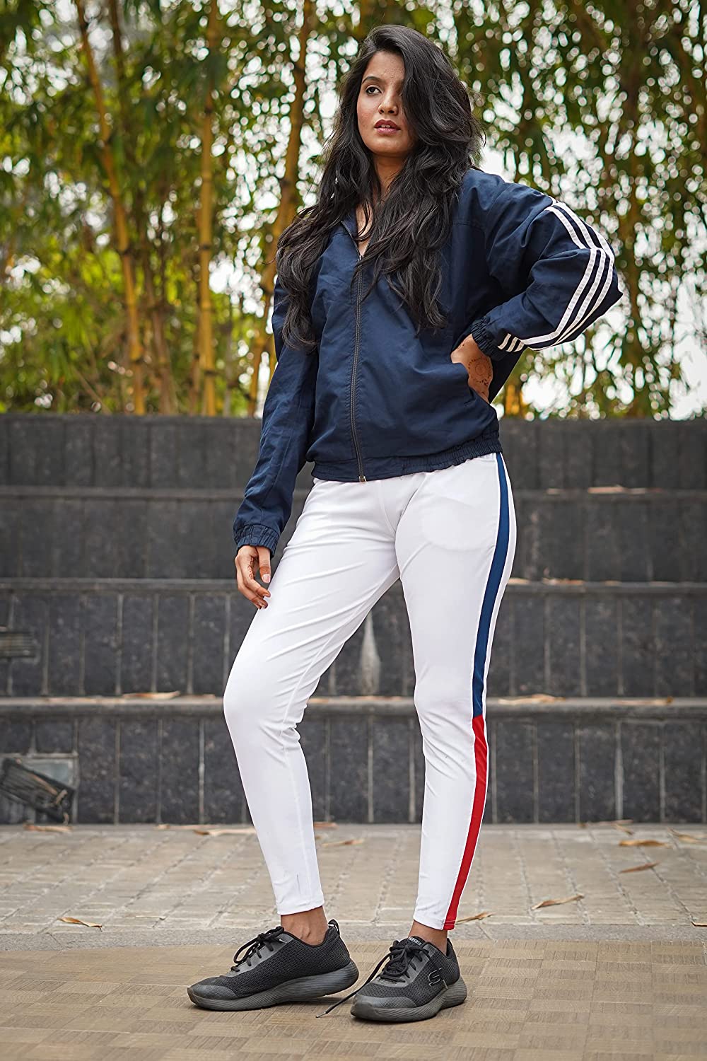 Kaash Active Breathable Sports Leggings | Mid Rise | streachable | Ankle Length | White with Coloured Strip | KL-05